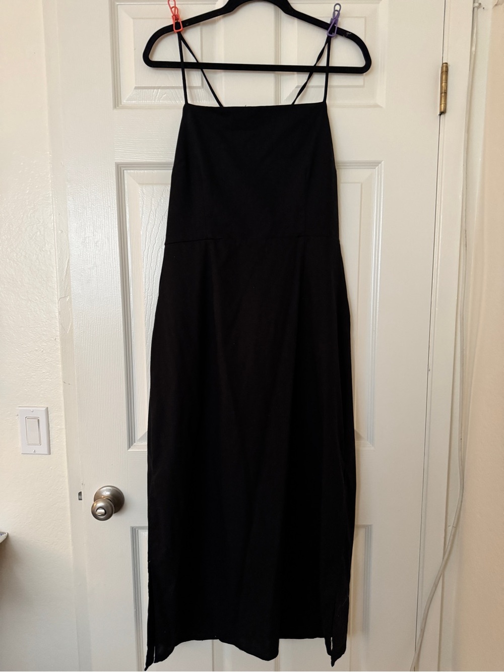 JUSTFAB Black Strappy Midi Linen Blend Dress